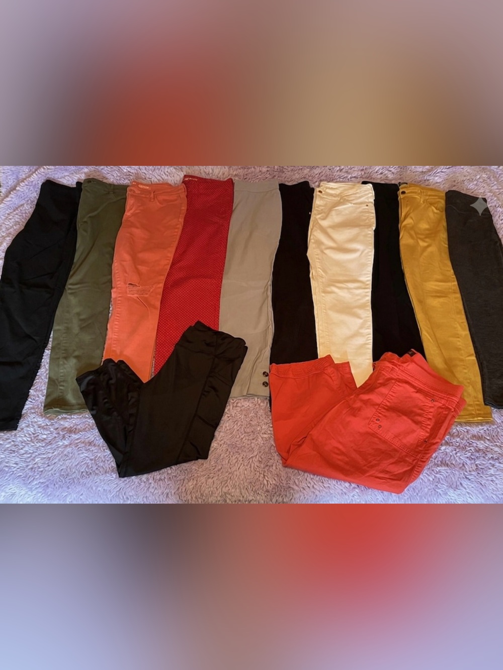 Assorted Women's Pants Bundle - Black, Red, Peach, Olive, Tan, White. Size 12